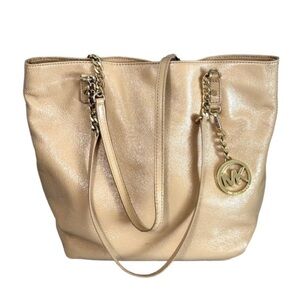 Michael Kors Jet Set Chain Tote Bag Leather Tan Beige Gold